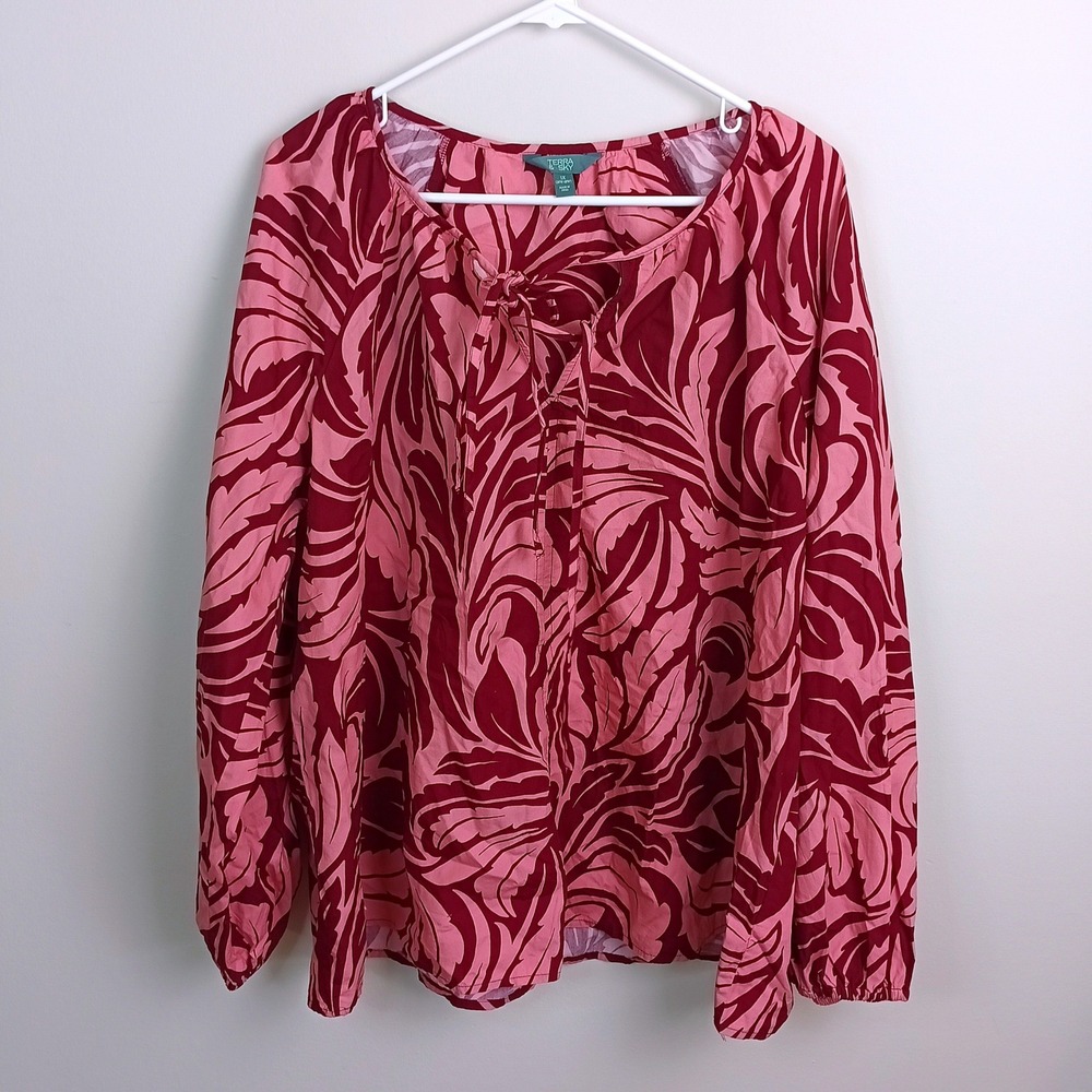 Terra & Sky Blouse Womens 1X Pink Burgundy Excellent Cotton Tie Neck Leaf Print